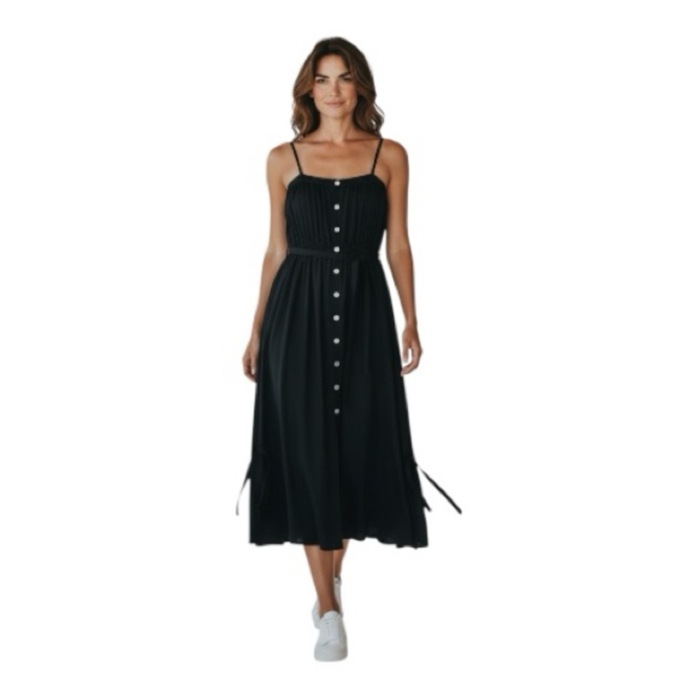 Miguelina Black Silk Spaghetti Strap Button-Front Midi Dress Size Small